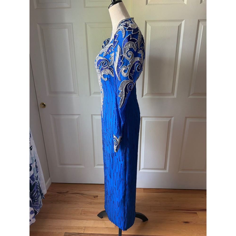 Vintage 80s 90s Silk Beaded Gown Cobalt Blue Dynasty Formal Glam Western Dolly - Picture 3 of 13